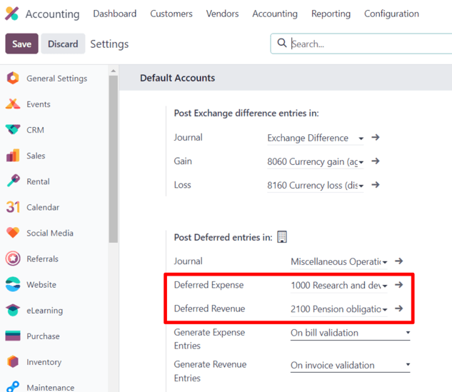 The necessary deferred account settings in the erpsys Accounting app's settings page.