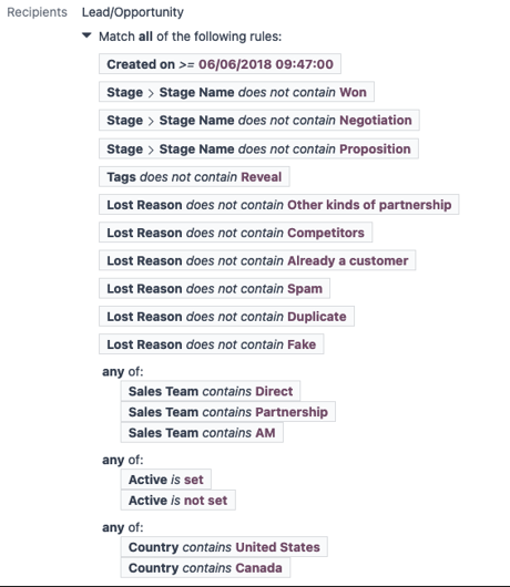 View of how recipient filters can be customized in erpsys Email Marketing.