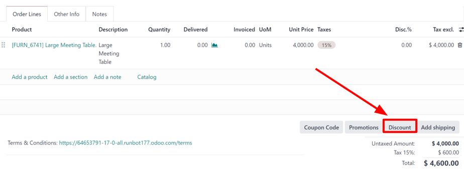 The discount button located at the bottom of a sales order form in the erpsys Sales app.