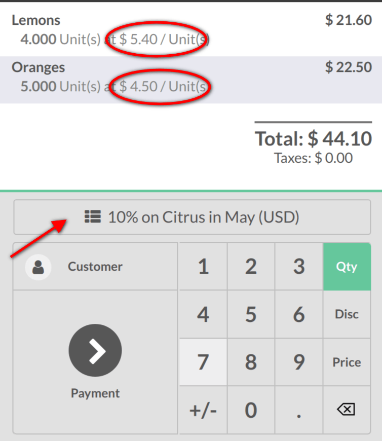 View of the button to use for time-limited discounts via the pos interface