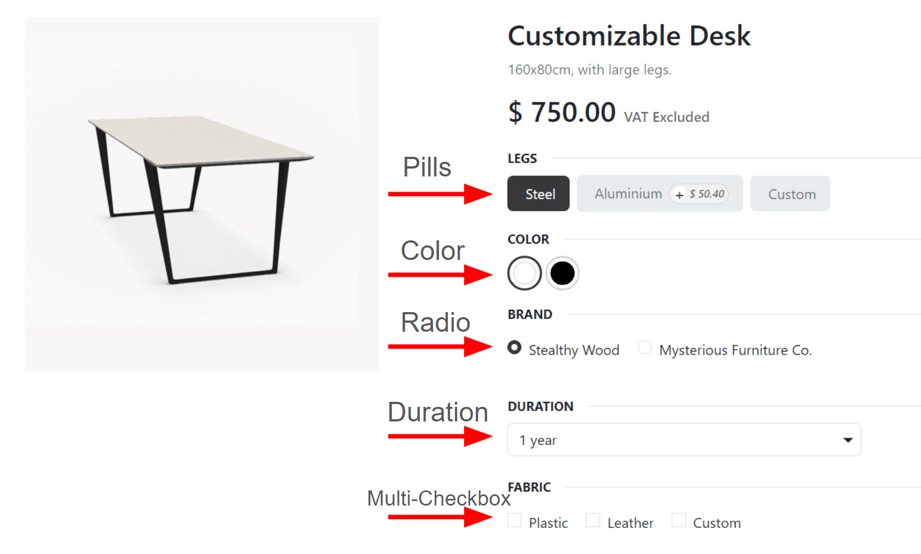 Display Types on Product Configurator on the online store in erpsys.