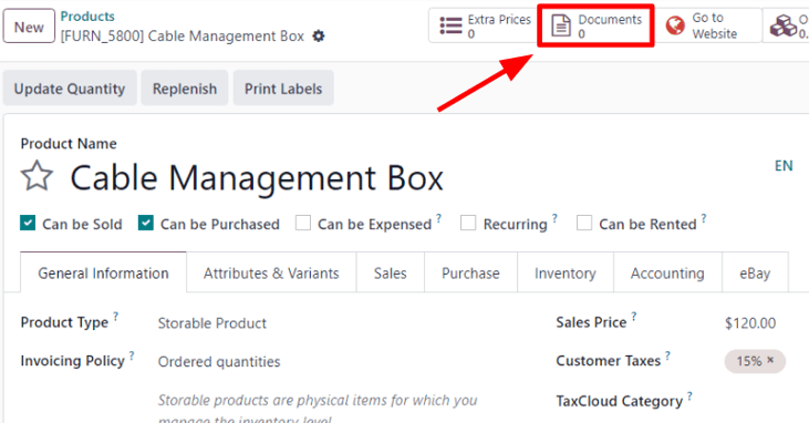 The Documents smart button on a product form in erpsys Sales.