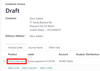 Down payment as a product in the invoice lines tab of a customer invoice draft in erpsys.