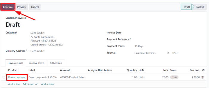 A sample draft invoice with down payment mentioned in erpsys Sales.