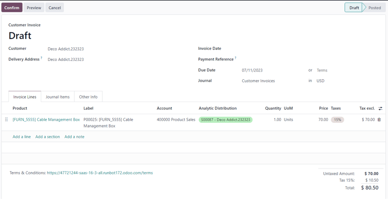 Customer invoice draft with purchase product attached to sales order in erpsys.