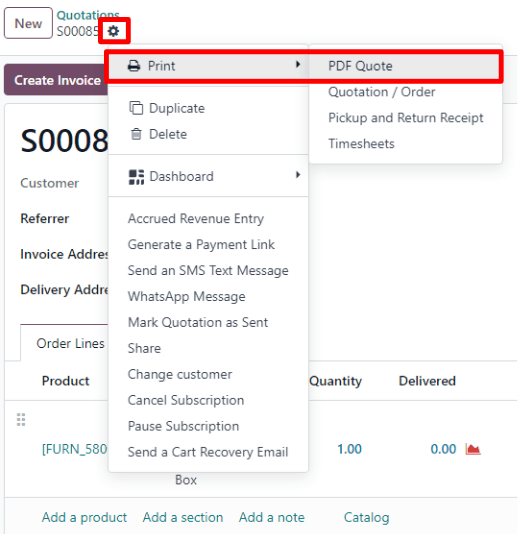 Print pdf quote option on drop-down menu located on confirmed sales order in erpsys Sales.