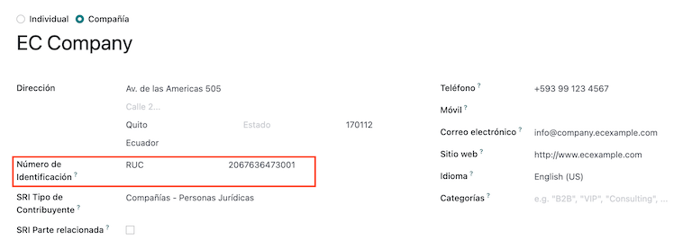 Populate company data for Ecuador in Erpsys Contacts.