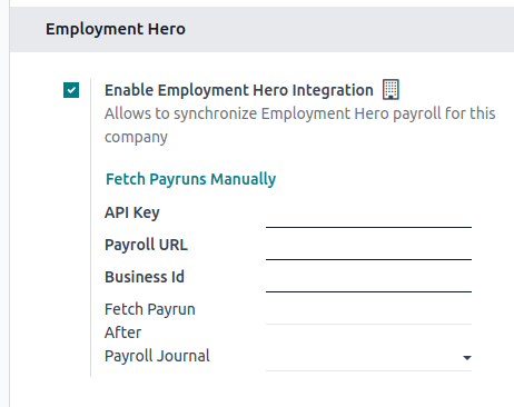 Enabling Employment Hero Integration in Erpsys Accounting displays new fields in the settings