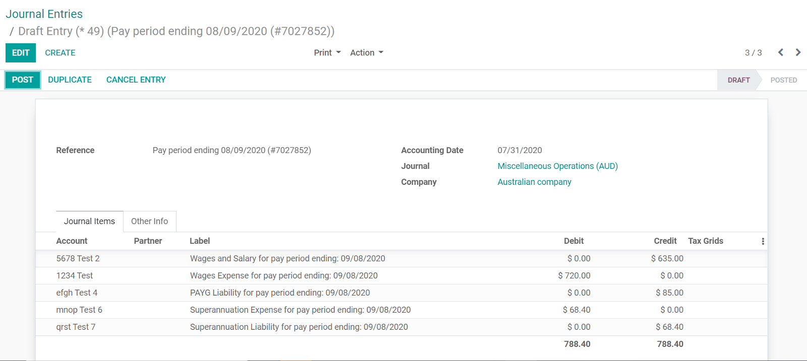 Example of a Employment Hero Journal Entry in Erpsys Accounting (Australia)