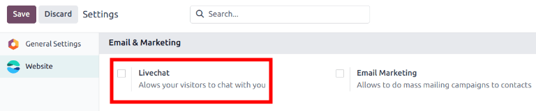 View of the settings page and the live chat feature for Erpsys Live Chat.