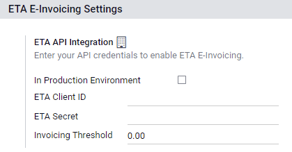 Configuration of the ETA E-Invoicing credentials in Erpsys Accounting
