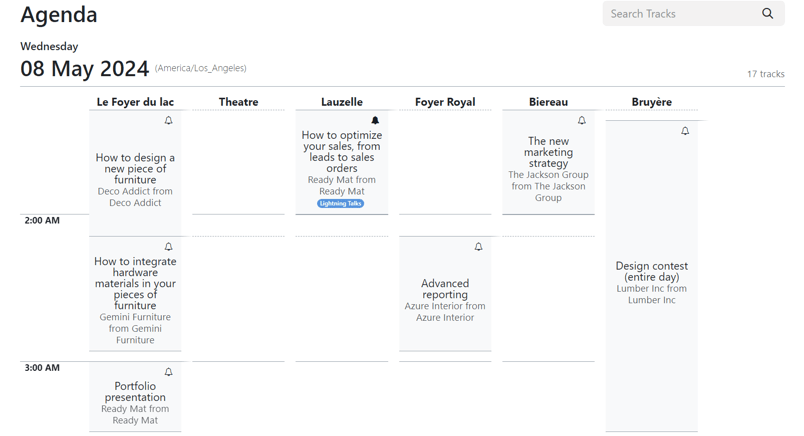 The event Agenda page on the event website built with the erpsys Events application.