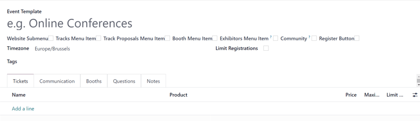 A standard event template form in the erpsys Events application.