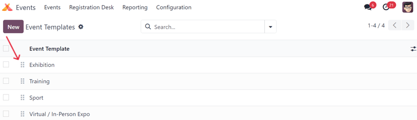 The Event Templates page in the erpsys Events application.