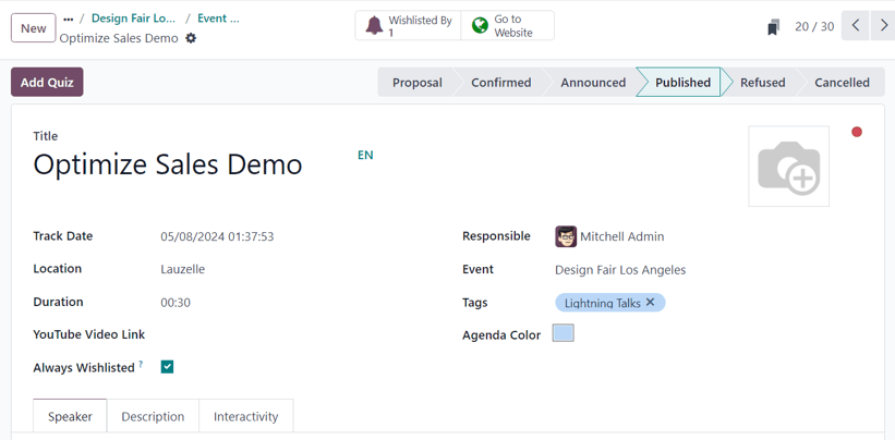 Typical event track form in the odoo Events application.