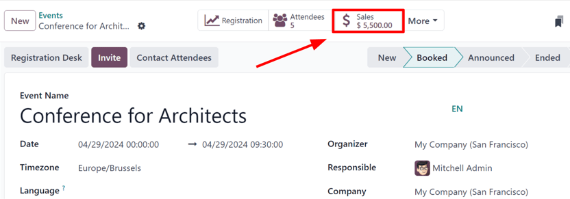 View of an event's form and the sales smart button in erpsys Events.