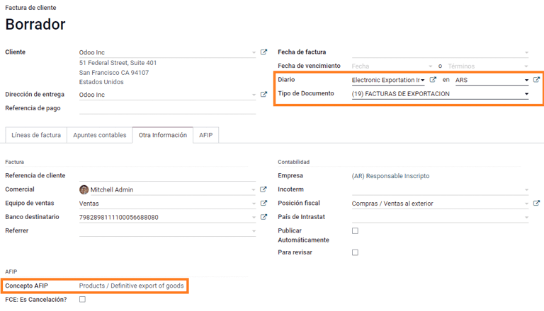 Export invoice fields autofilled in Erpsys.