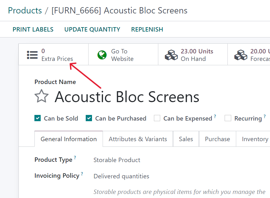 How the extra prices smart button appears in erpsys Sales.