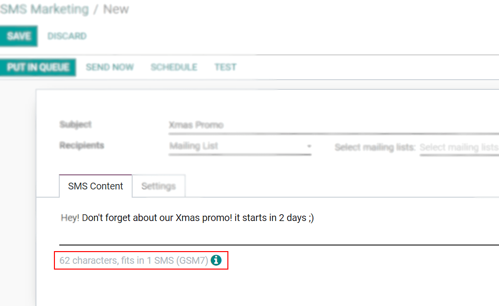 Number of GSM7 characters that fit in an SMS message in erpsys SMS Marketing.