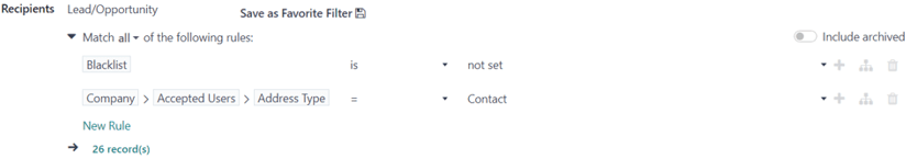 View of how recipient filters can be customized in erpsys Email Marketing.
