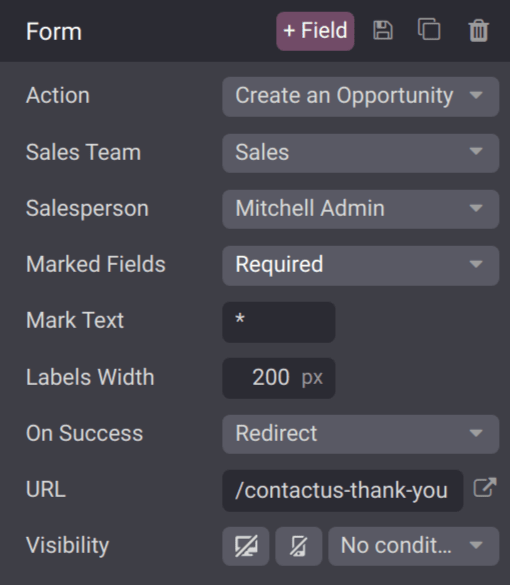 The form configuration settings on an erpsys website.