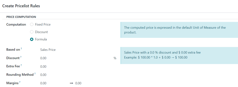 The various formula computation options present in erpsys Sales.