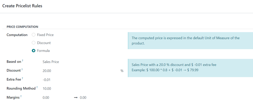 Example of a 20% discount with prices rounded to 9.99 in erpsys Sales.