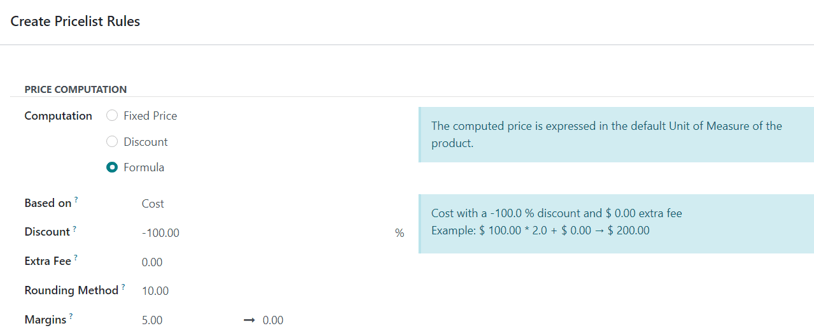 How it looks to formulate a markup cost with 5 dollar minimum margin in erpsys Sales.