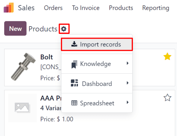 The Import records option selectable from the gear icon on the Products page in erpsys Sales.