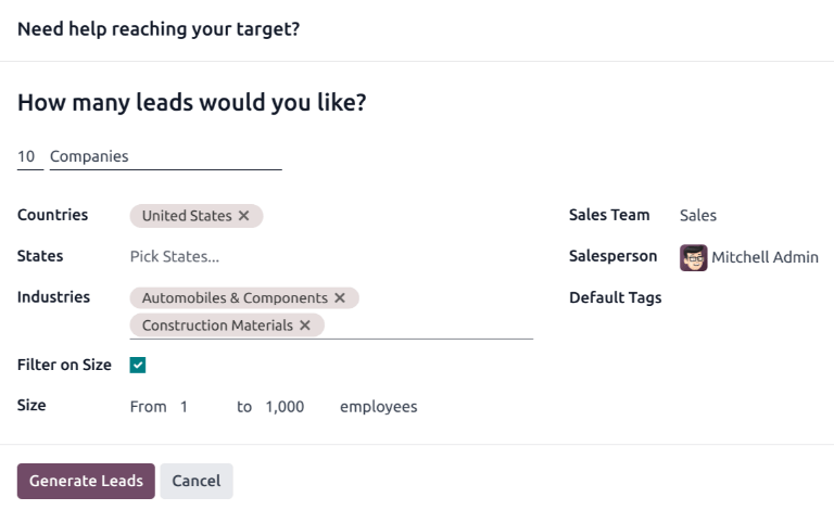 The pop-up window with the selection criteria in order to generate leads in erpsys.