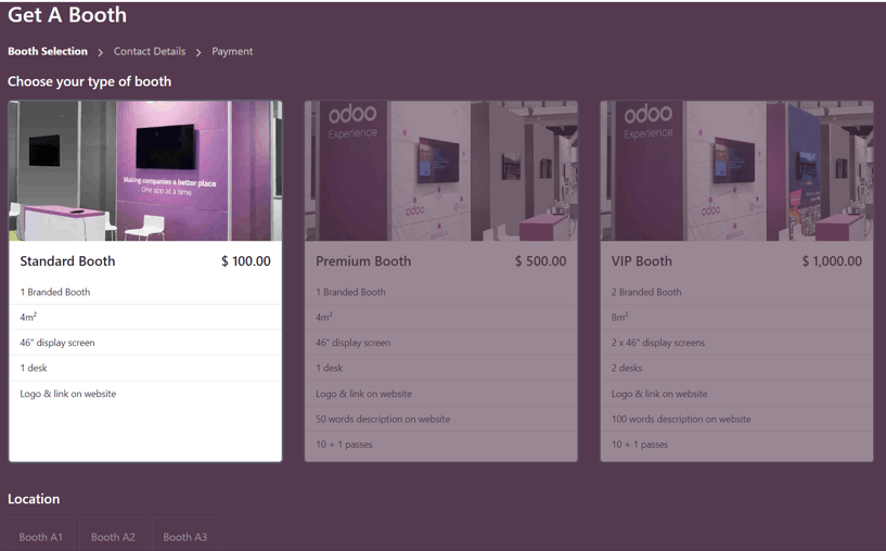 Typical Get A Booth page on the event website via the erpsys Events app.