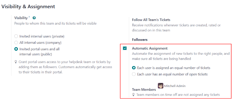 View of a Helpdesk team settings page emphasizing the automatic assignment features in erpsys Helpdesk.