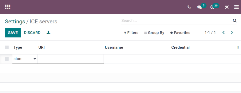 The "ICE servers" page in erpsys.