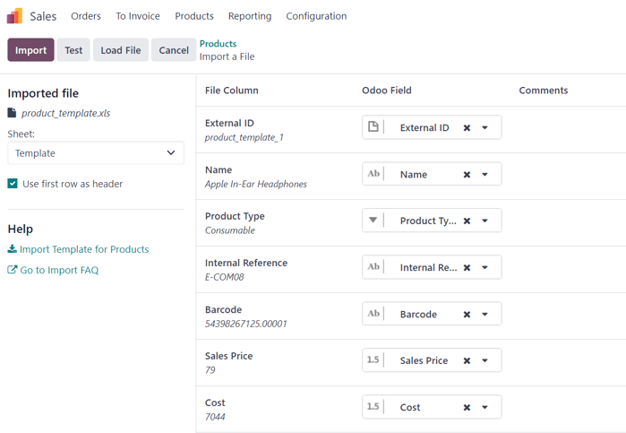 The import a file page in erpsys Sales after a product template has been uploaded.