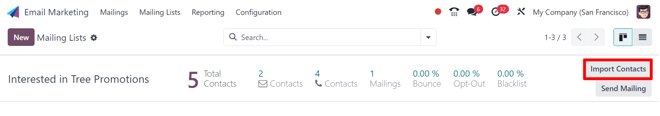 The import contacts button of a mailing list line in erpsys Email Marketing.