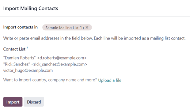 The import mailing contacts pop-up form that appears in erpsys Email Marketing.
