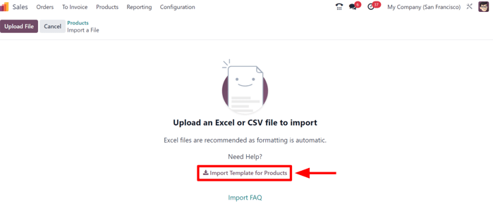The Import records option selectable from the gear icon on the Products page in erpsys Sales.