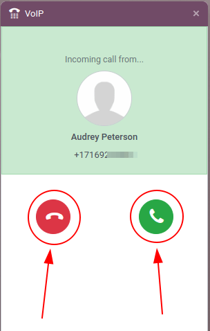 Incoming call shown in the erpsys VoIP widget.