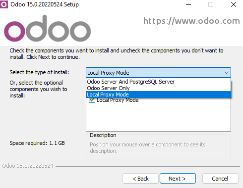 Selection of "Local Proxy Mode" during the installation of Erpsys Community.