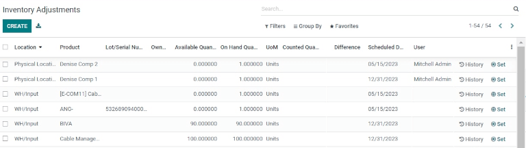 In stock products listed on the Inventory adjustments page.