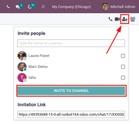 View of Discuss' option to invite members in erpsys Discuss.