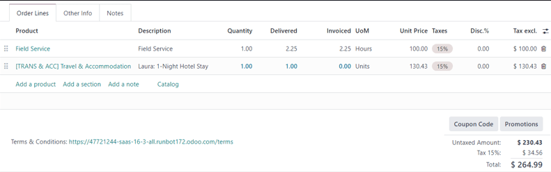 An expense appearing on Order Lines tab of a Sales Order in erpsys Sales application.