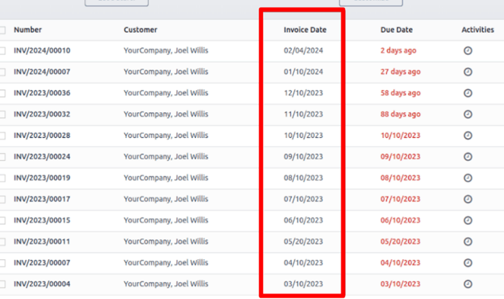 The Invoice Date column on subscriptions invoice page in erpsys Subscriptions app.