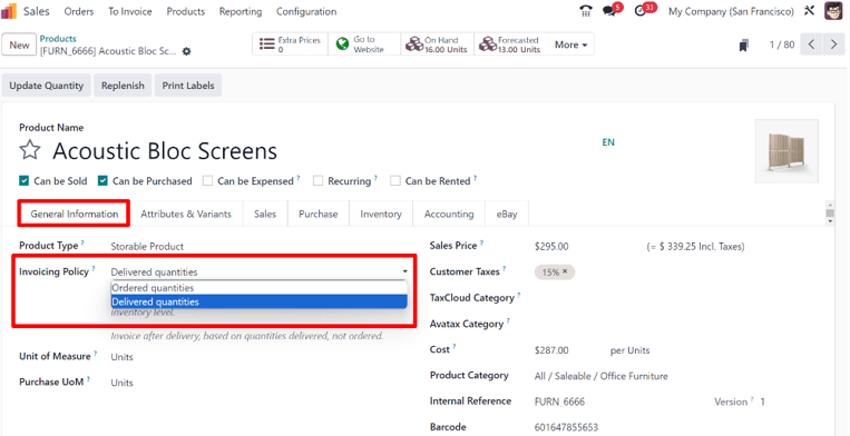 How to change your invoicing policy on a product form on erpsys Sales.