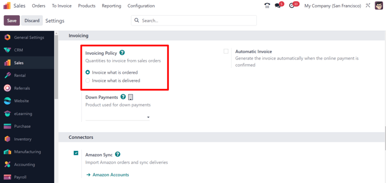 Choosing an invoicing policy on erpsys Sales.