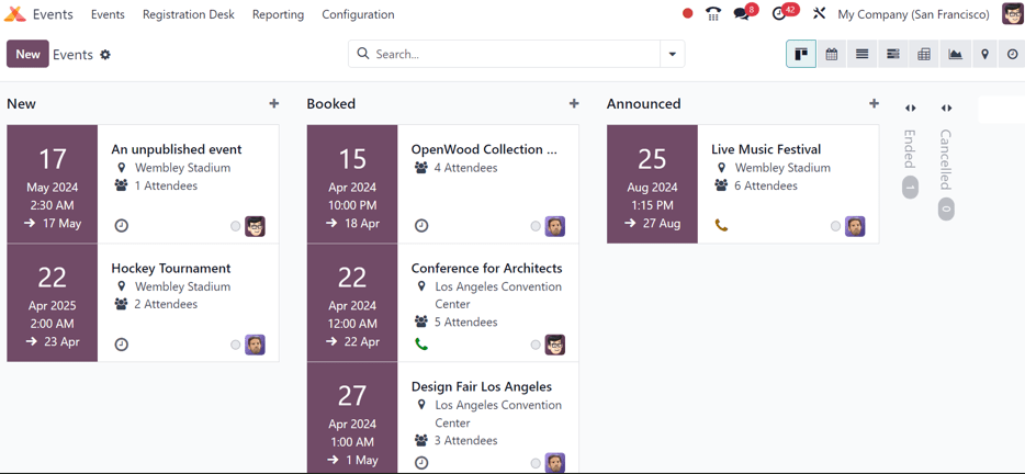 Overview of events setting with the kanban view in erpsys Events.