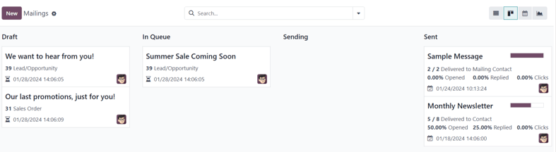 Kanban view of the main dashboard of the erpsys Email Marketing application.