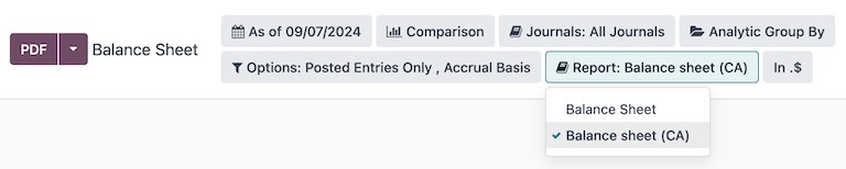 Balance sheet report selection for CA localization in Erpsys.