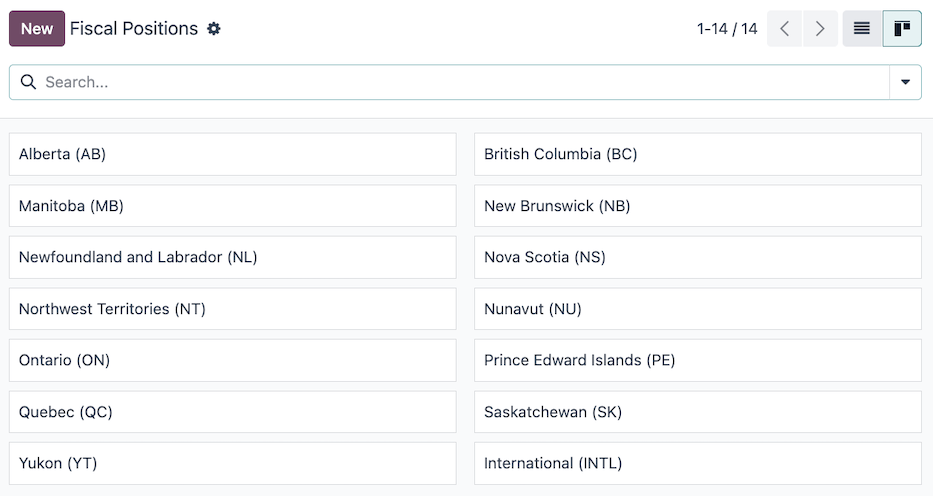 The default fiscal positions for the Canada localization in Erpsys Accounting.