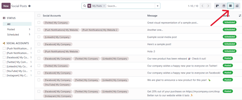 View of the list option on the posts page in erpsys Social Marketing.